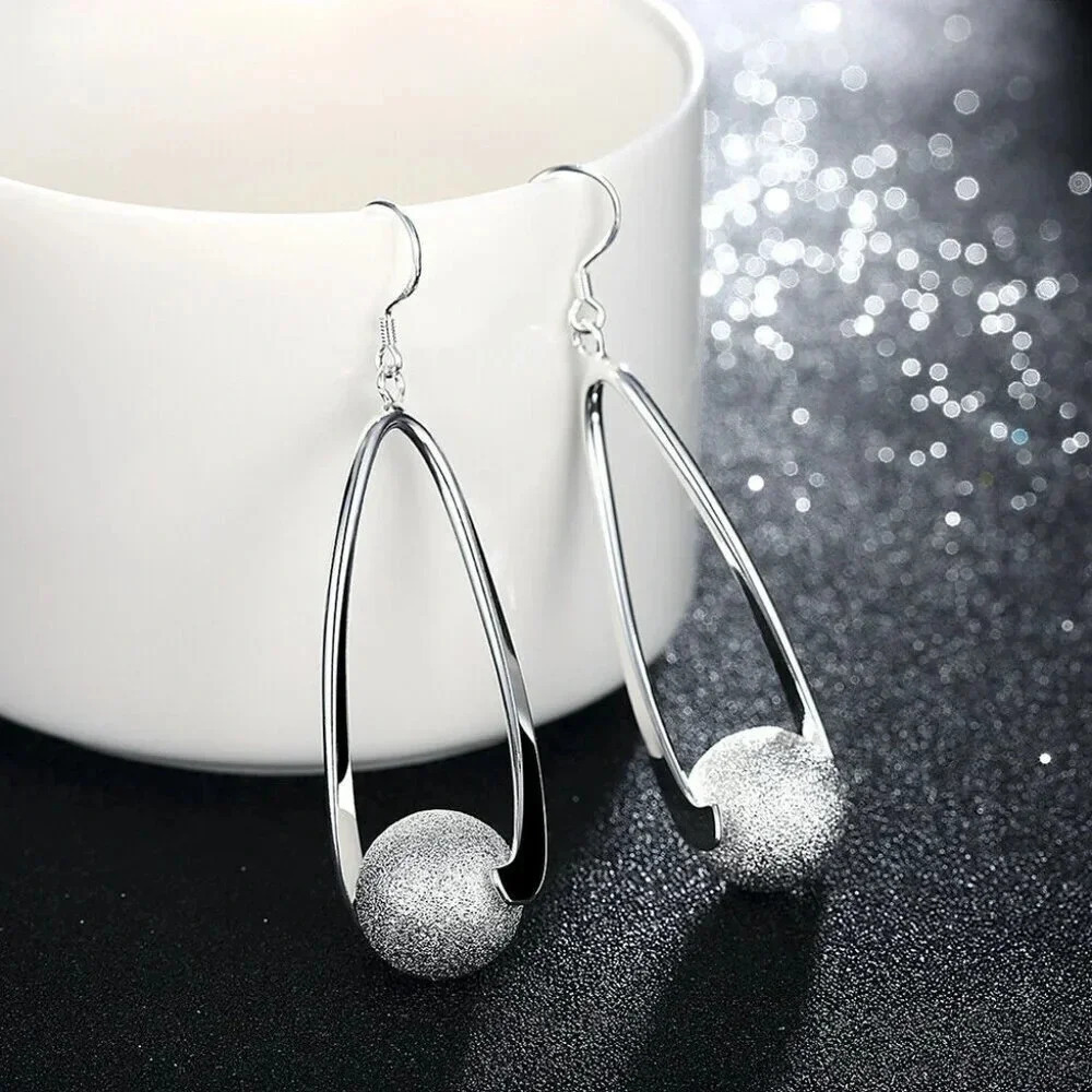 925 Sterling Silver Oval Hoop Drop Statement Earrings Round Ball Dangle Earrings